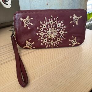 Lucky Brand Embroidered Burgundy Clutch 100% Leather